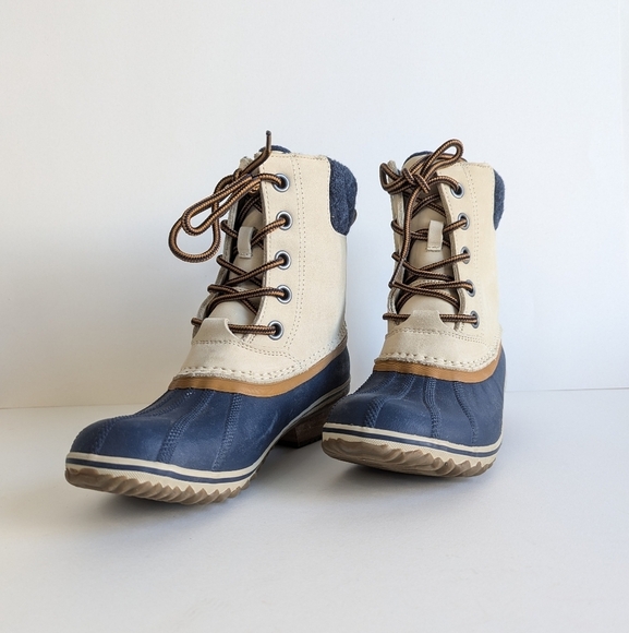 Sorel Slimpack Lace II Shell Rubber Leather Wool Boot Oatmeal Collegiate Navy 8½ - Picture 4 of 10
